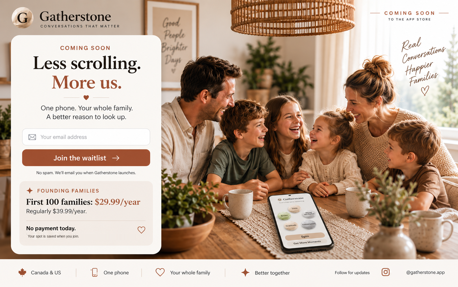 Gatherstone coming soon — Less scrolling. More us. Join the waitlist.