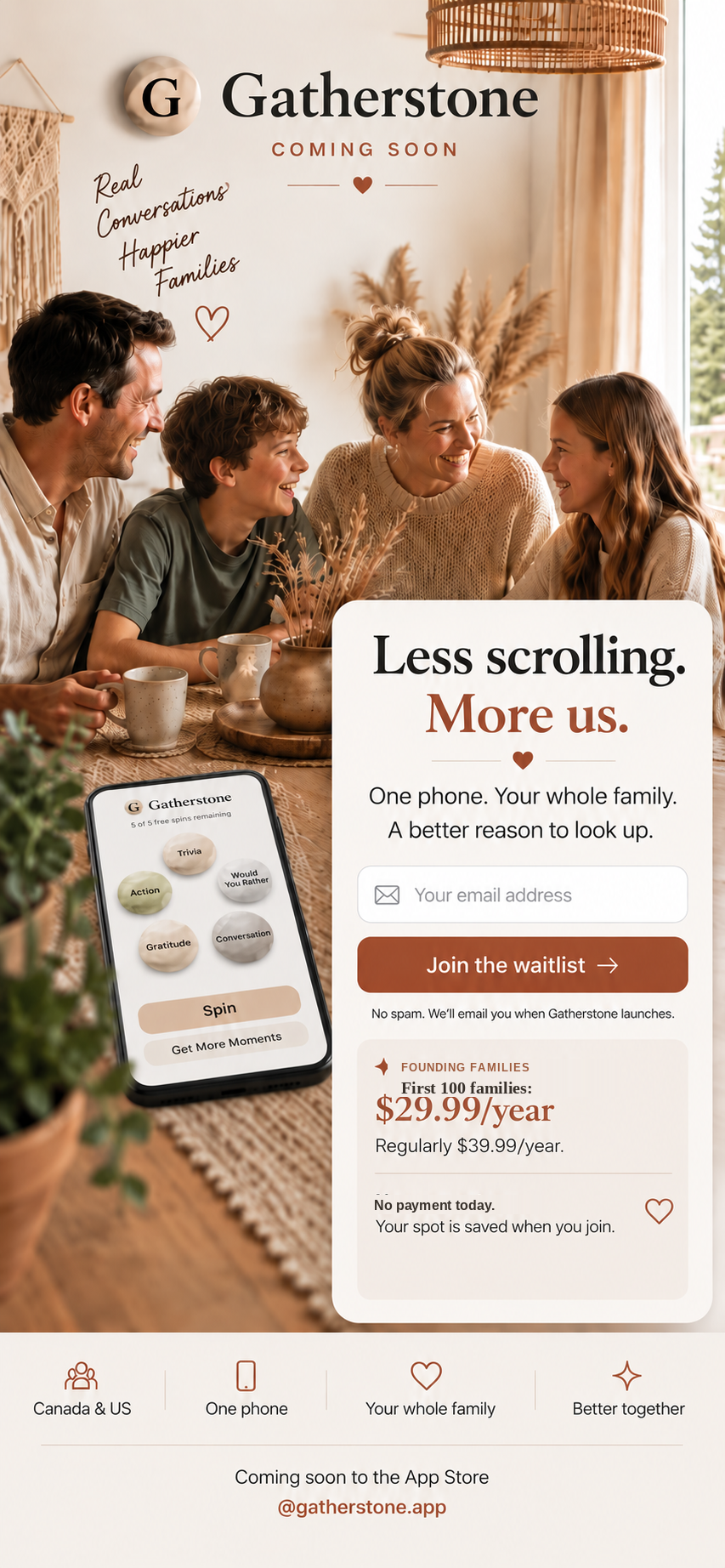 Gatherstone coming soon — Less scrolling. More us. Join the waitlist.